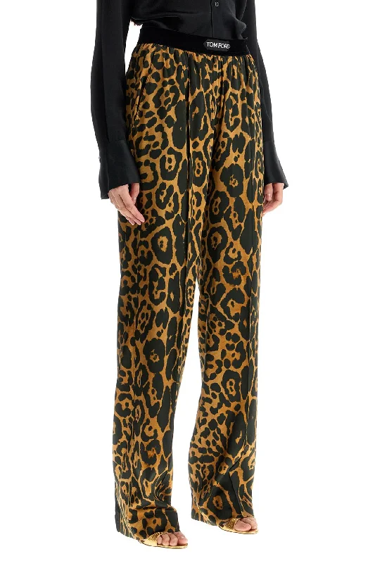 Color-block tight trousers for women with bold contrasts and modern flair -Tom Ford Wide Leg Leopard Print Silk Pants In Camel And Black