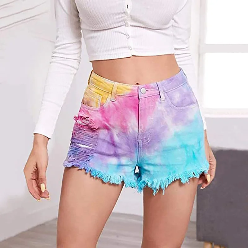 Best running shorts for women with built-in briefs for added comfort during exercise-Women's Cotton Mid Waist Bottoms Tie Dye Print Ripped Denim Shorts