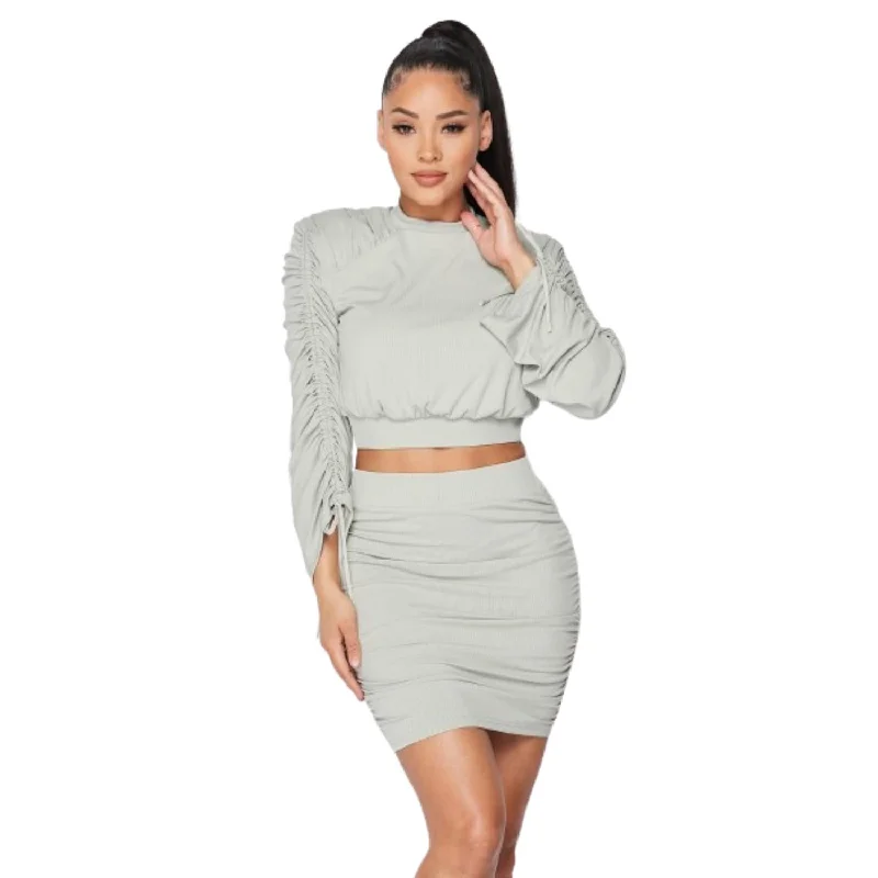 Geometric Dresses for Modern -Ruched Long Sleeve And Skirt Set