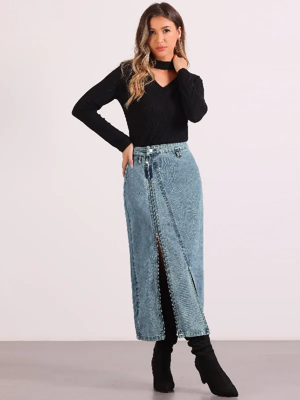 Mom Jeans for Vintage Appeal -Pocketed Denim Zipper Front Split Maxi Jean Skirt