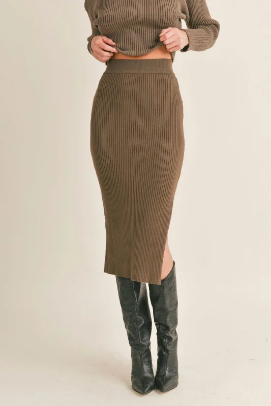 Flared Dresses for Retro -Kalli Side Slit Sweater Midi Skirt In Dark Olive