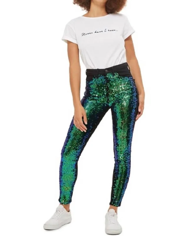 Tight trousers for women with pockets and slim silhouette for practical fashion -Jamie Moto Mermaid Sequin Front Skinny Jeans In Black/green