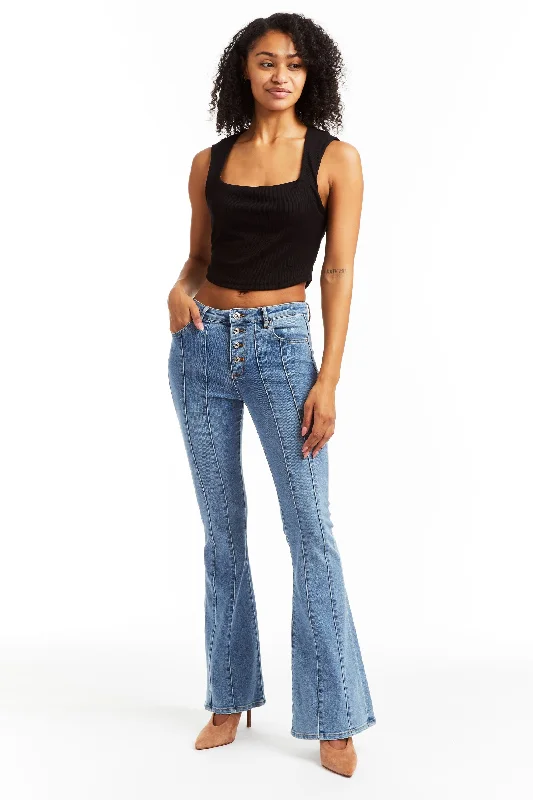 High-end Jeans for Exclusivity -Mid Rise Sexy Flare Front Panel Jean In Indigo