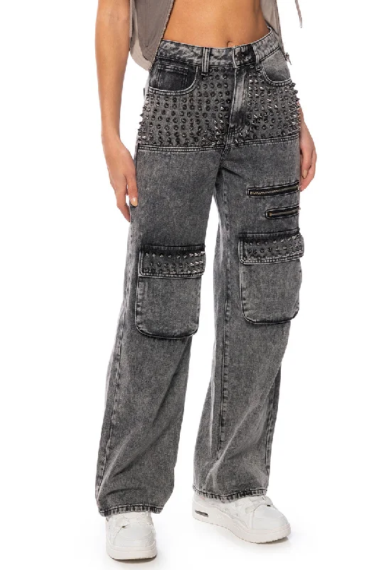 Camping Jeans for Wilderness -TURN IT UP STUD EMBELLISHED UTILITY JEANS