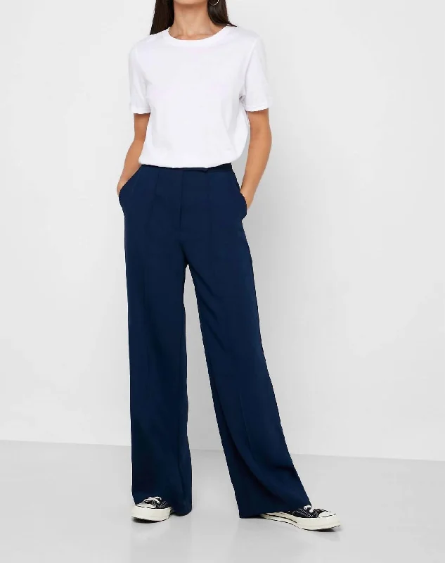 High-waisted tight trousers for women with elastic waistband for added comfort -Pintuck High Waist Wide Leg Dress Pants In Navy