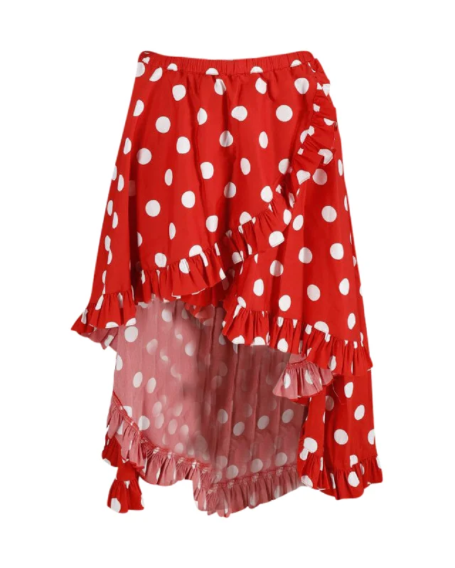 Low-waisted Dresses for Relaxed -Caroline Constas Adelle Asymmetric Ruffled Polka-Dot Skirt in Red Cotton