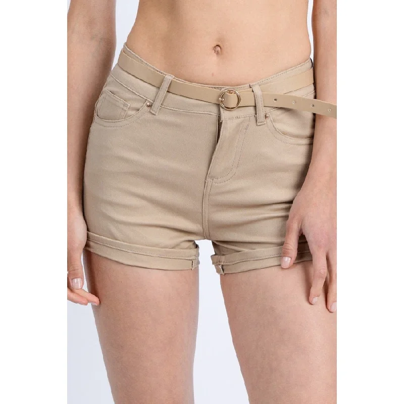 High-rise shorts for women with soft fabrics for a comfortable, stylish fit-Women's Khaki High Rise 5 Pockets Roll Up Hem Shorts with Belt