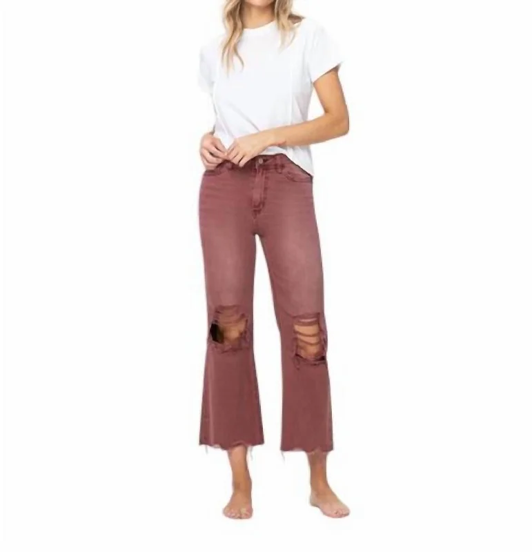 Classic tight trousers for women with smooth fabric and chic, timeless design -90's Vintage Crop Flare Jeans In Dark Red