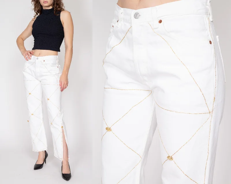 Dark Wash Jeans for Elegance -Medium Y2K Levis 501 White & Gold Embellished Jeans