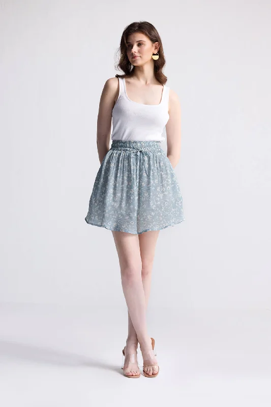 Spandex Dresses for Flexible -Drawstring Short Skirt in Light Blue Florals