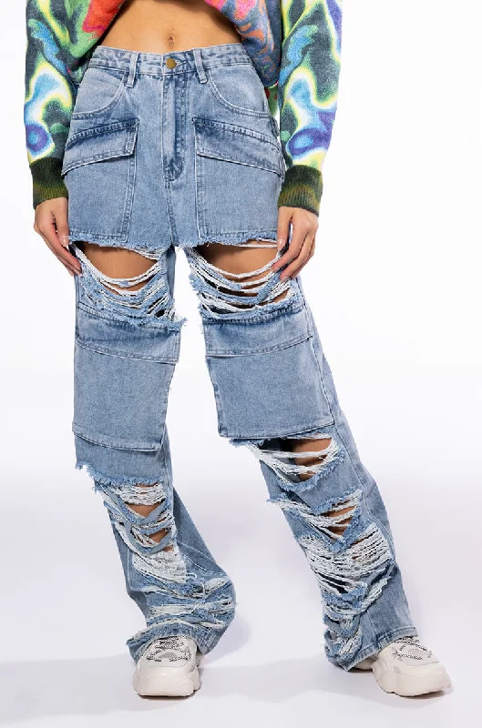 Decorated Back Pocket Jeans for Style -NEVER STRESSED DISTRESSED RELAXED FIT JEANS