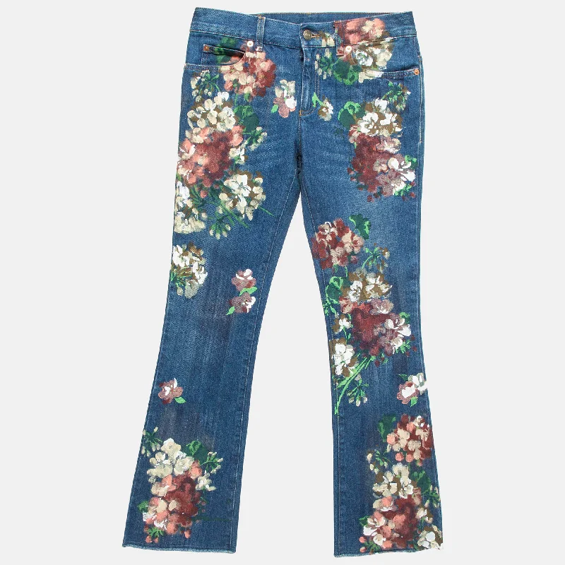 Casual tight trousers for men with drawstring waistband for a relaxed fit -Gucci Blue Floral Hand Painted Denim Jeans