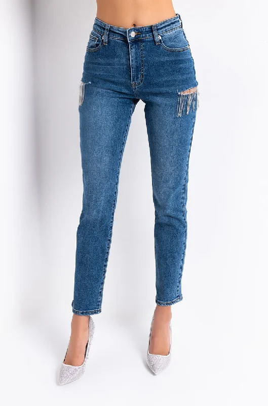 Affordable Jeans for Budget -CAMILA HIGH WAISTED RHINESTONE SLIT JEANS