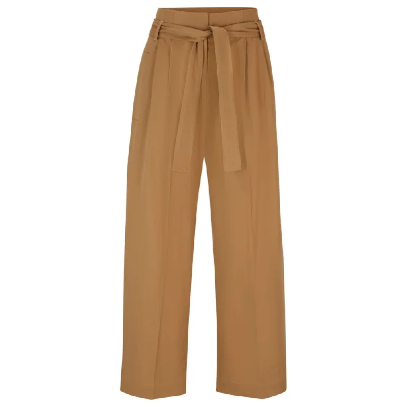 Tight trousers for women with belt loops and classic design for versatile look -Tapered-fit wide-leg trousers with fabric belt