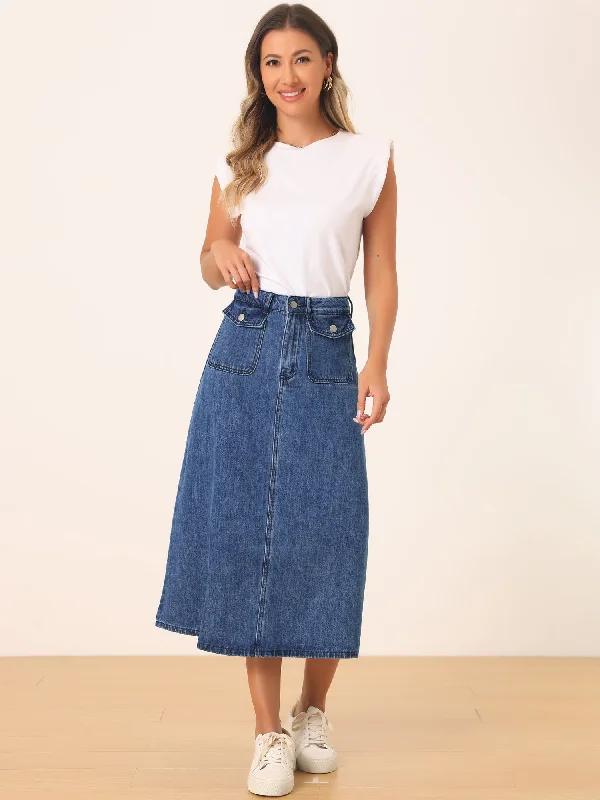 Office Jeans for Professional -Casual High Waisted Flap Pocket A-Line Long Denim Jean Skirt