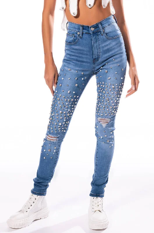 Christmas Jeans for Seasonal -OUTTA THIS WORLD DISTRESSED RHINESTONE HIGH RISE SKINNY JEANS