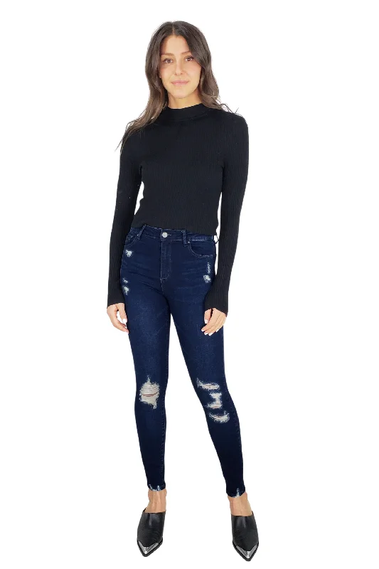 Cropped Jeans for Summer Look -Nina - High Rise Destructed Skinny In Dark Indigo