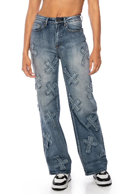 Straight Jeans for Classic Style -PAMELA CROSS PATCHWORK DENIM JEAN