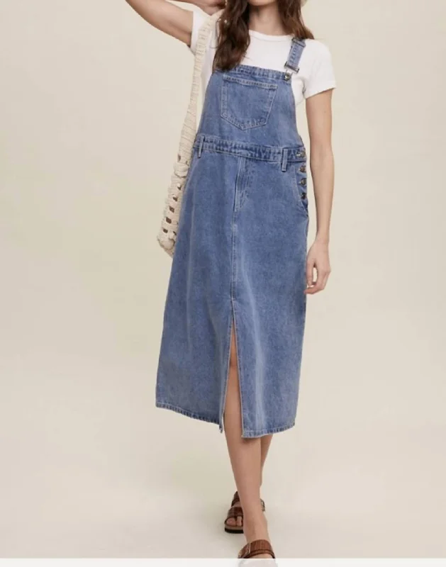 Tight trousers for women with leather accents and modern, bold design -Girl Next Door Overall Dress In Denim