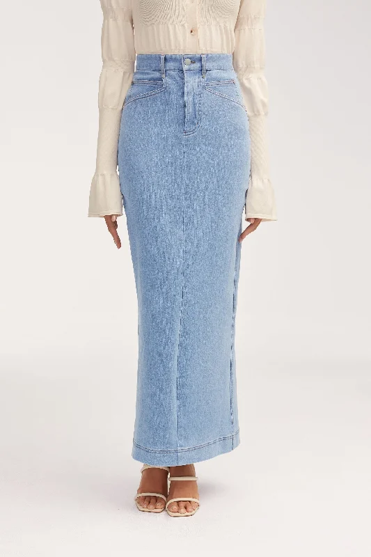 Belted Dresses for Shaping -Denim Maxi Skirt - Light Wash