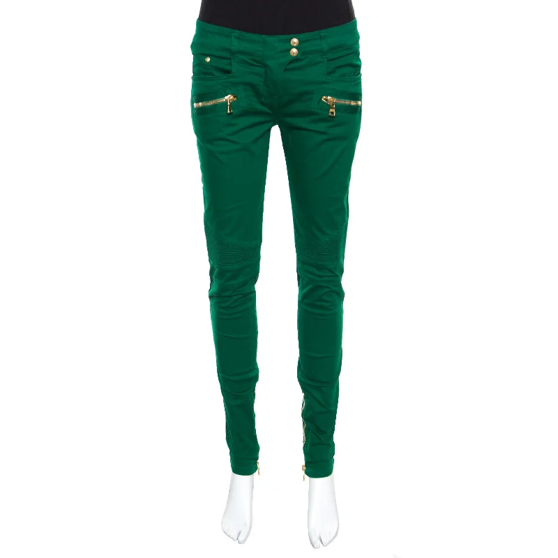 Tailored fit tight trousers for men with sharp pleats and slim leg for office wear -Balmain Green Denim Ribbed Panel Zip Detail