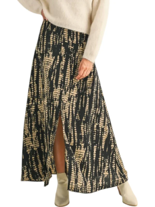 Celtic Dresses with Knotwork -Multi Pattern Long Skirt In Black/tan