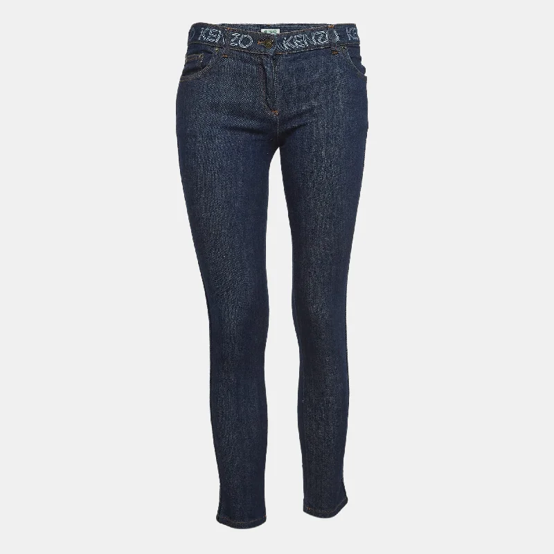 Fashion-forward tight trousers for women with metallic sheen and edgy design -Kenzo Blue Logo Printed Denim Jean