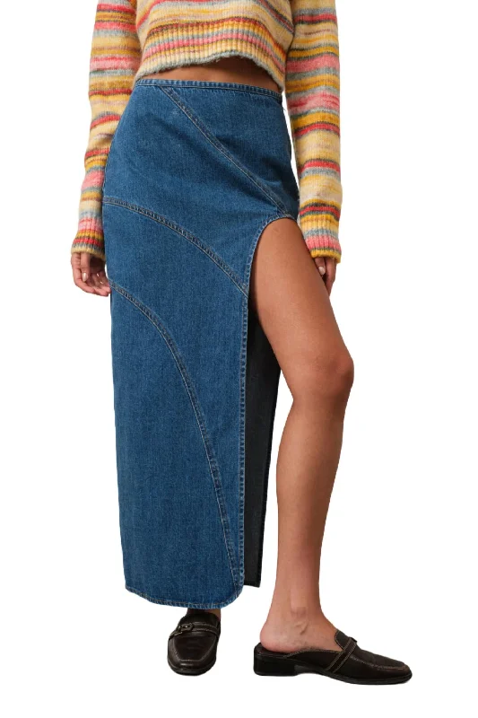 Midi Dresses for Versatile Wear -Denim Maxi Skirt With Front Slit In Blue