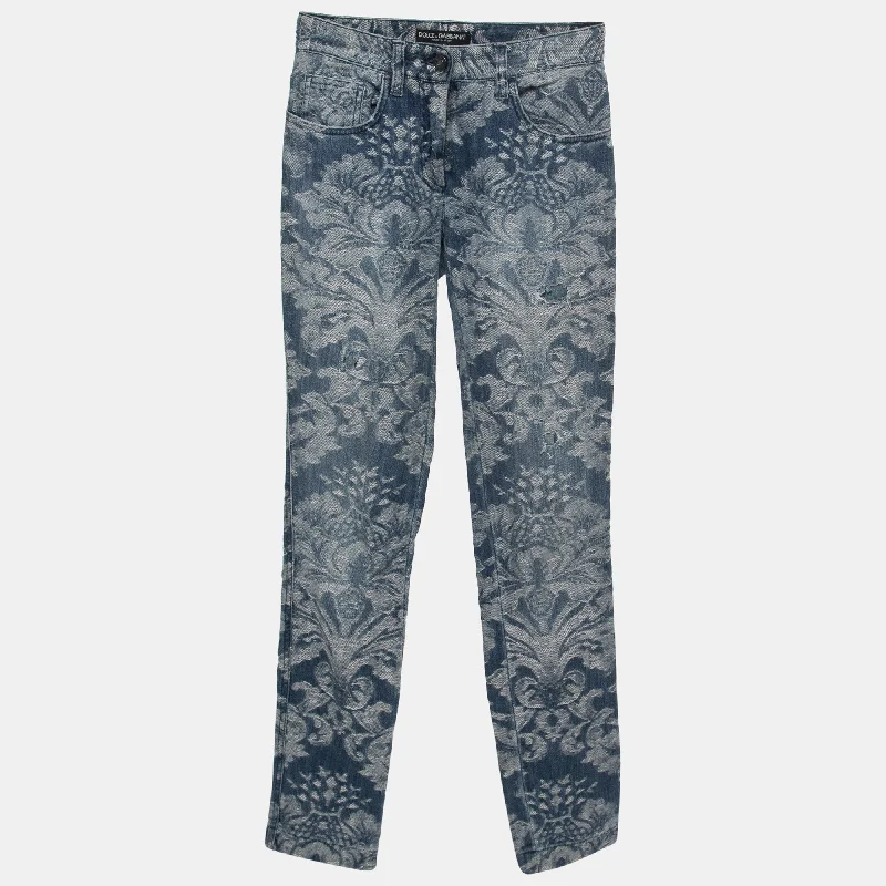 Versatile tight trousers for women with fold-over waist for adjustable comfort -Dolce & Gabbana Blue Jacquard Denim Jeans