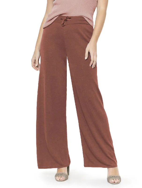 Casual tight trousers for women with comfy waistband and minimalistic style -Wide Leg Linen Knit Pant In Bronze