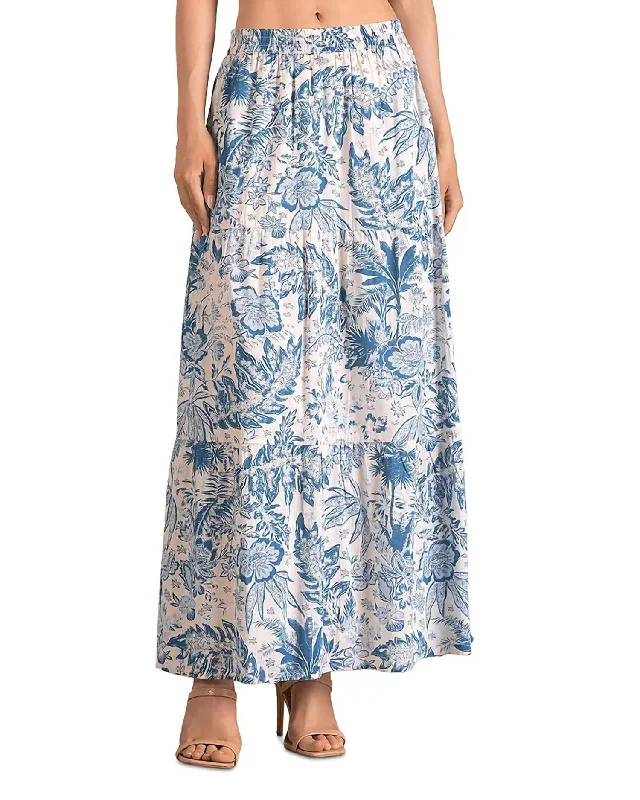 Beach Dresses for Coastal -Tiered Maxi Skirt In Blue Leafy Floral