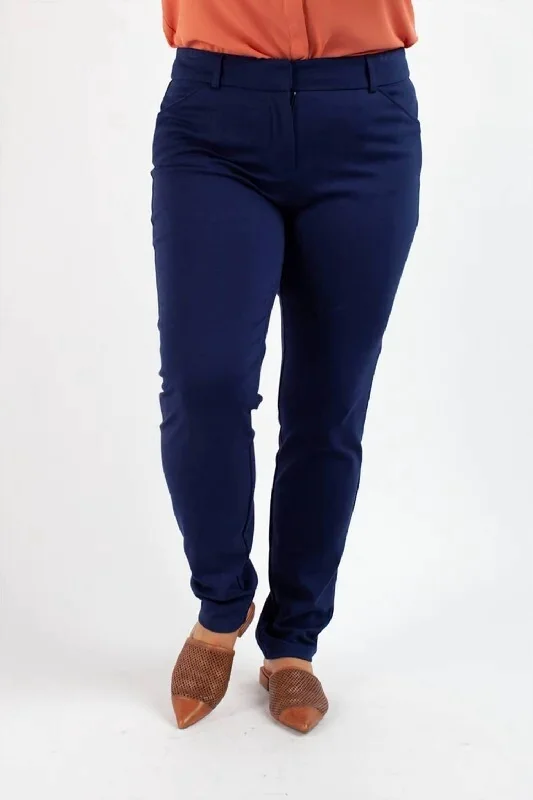 All-black tight trousers for women with simple, chic design for formal occasions -Formal Stretchy Plus Size Pants In Navy