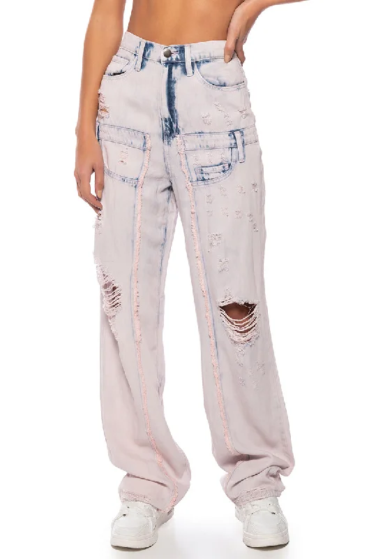 Wide Leg Jeans for Comfort -DOLLY PINK ACID WASH RELAXED FIT JEANS