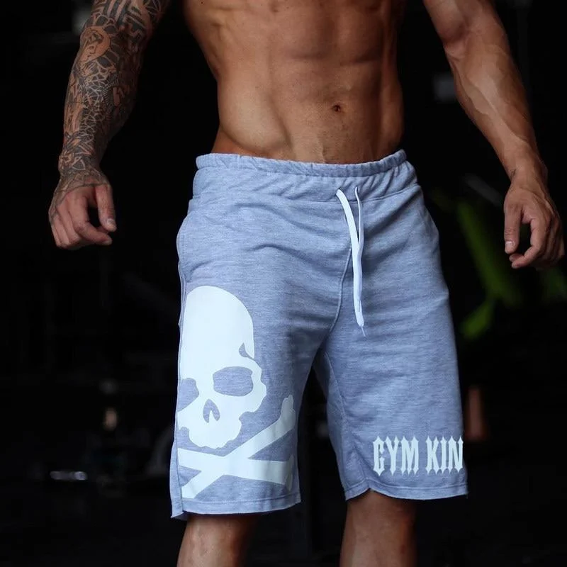 Trendy striped shorts for women with bold lines for a chic and stylish outfit-Men's Cotton Gym Fitness Bodybuilding Skull Print Casual Drawstring Shorts