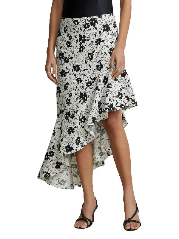 Leather Dresses for Luxury -Floral Ruffed Asymmetrical Linen Skirt In Black/white