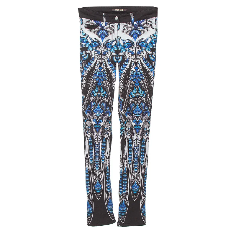 Stretchy knit tight trousers for women with soft fabric and relaxed fit -Roberto Cavalli Blue Cotton Printed Flared Bottom Jean