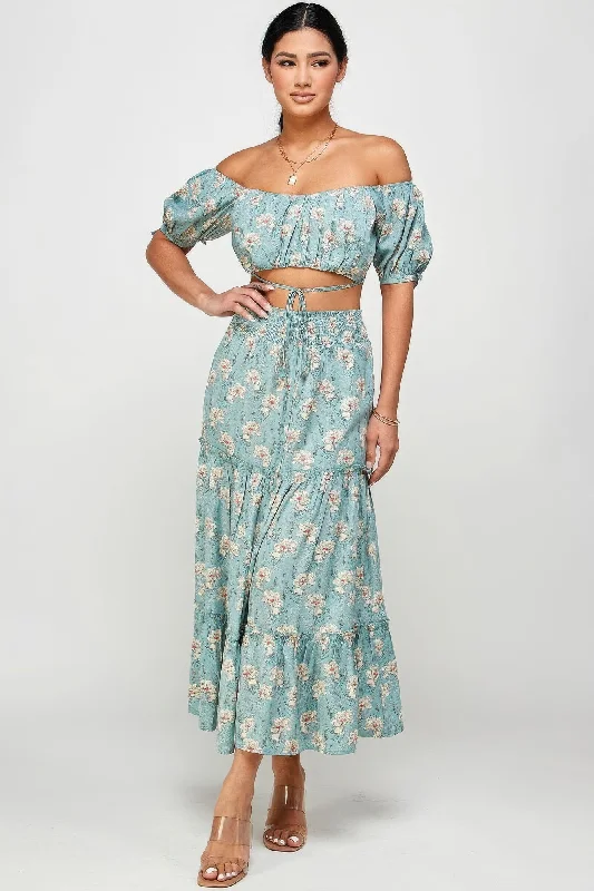 Floral Dresses for Romantic -Floral Off Shoulder Sleeve Back Tie Top Skirt Set