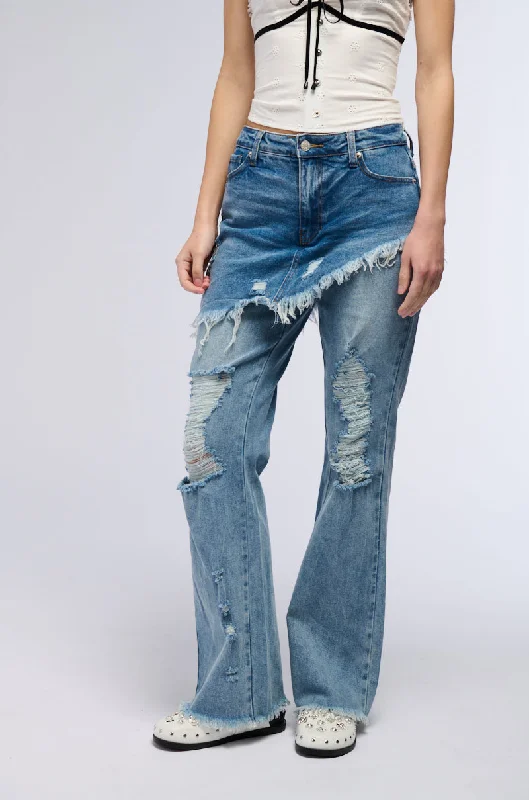 Overalls Jeans for Workwear -DISTRESSED SKIRT STRAIGHT LEG DENIM JEANS