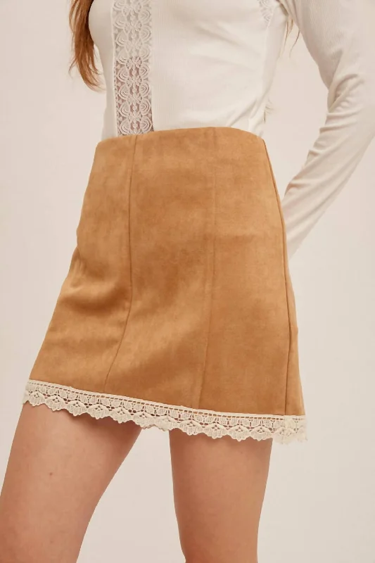 Gray Dresses for Subtle -Crochet Trim Suede Mini Skirt In Brown