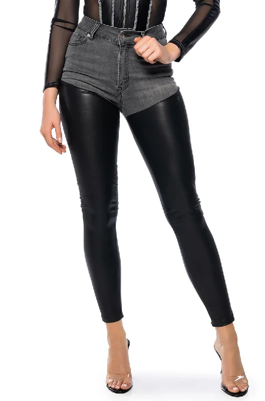 Light Wash Jeans for Casual -EXTREME STRETCH HIGH WAIST SKINNY JEANS WITH FAUX LEATHER