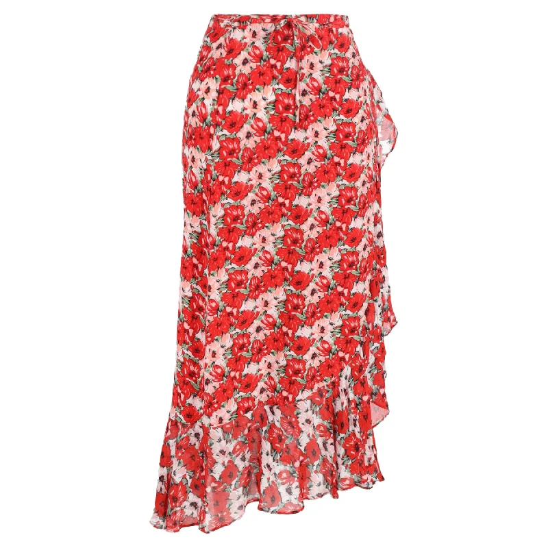 Evening Dresses for Formal Events -Rixo Gracie Floral Print Midi Skirt in Red Silk