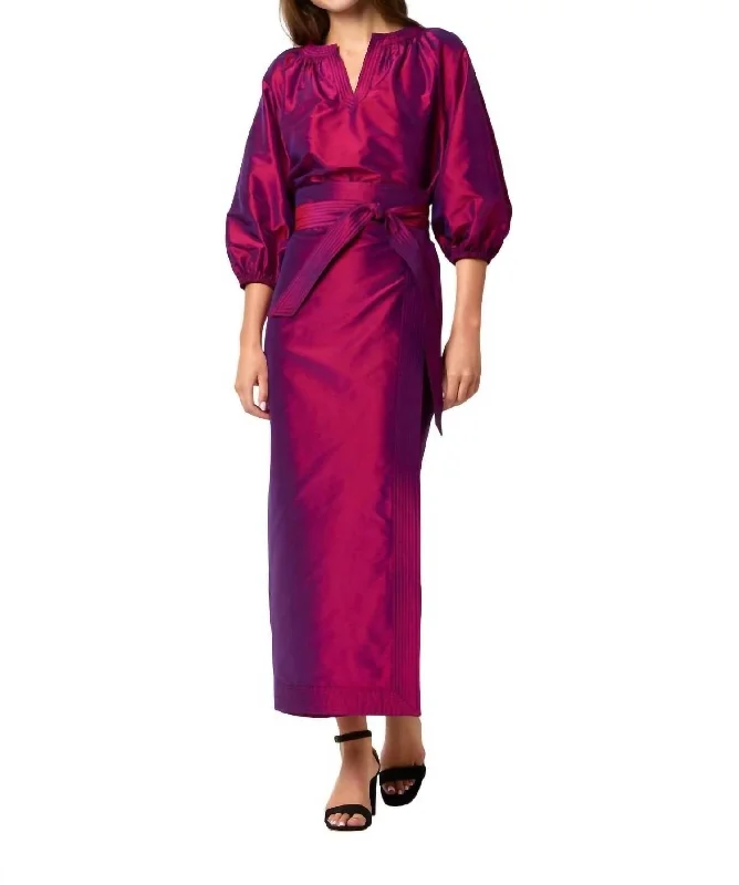 Kira Maxi Wrap Skirt In Berry Iridescent Silk Shantung