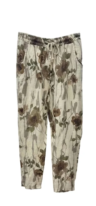 Relaxed fit tight trousers for men with stretch material for comfort and ease -Women's Rose Print Drawstring Joggers In Beige Floral