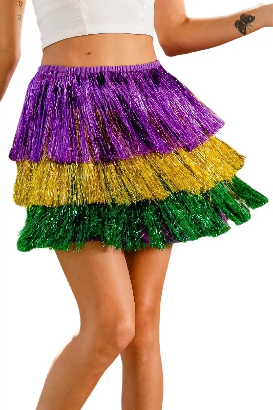 Fringed Dresses for Edgy -Mardi Gras Fringe Tinsel Skirt In Purple Gold & Green