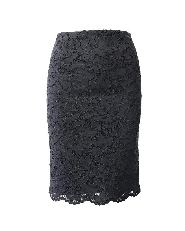 Resort Dresses for Vacation -Sandro Paris Midi Pencil Skirt in Black Lace Cotton