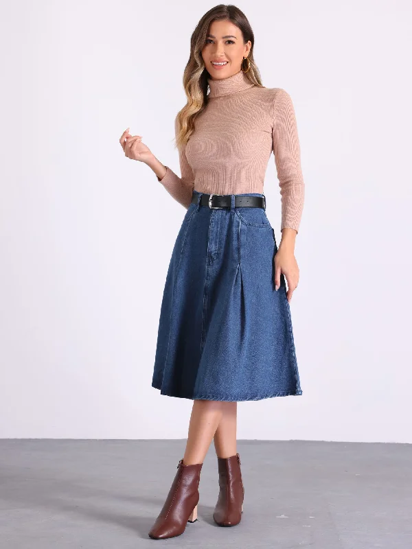 Printed Jeans for Pattern -Denim High Waist A-Line Pockets Belted Midi Jean Skirt