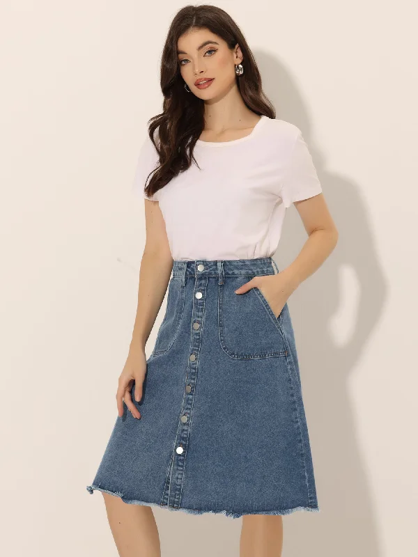 Branded Jeans for Quality -Denim Raw Hem Button Down Midi Jeans Skirt