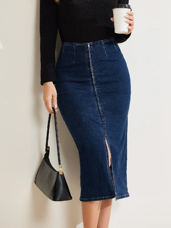 Capri Jeans for Beach Style -Denim Front Slit Zipper High Waist Bodycon Midi Jean Skirt