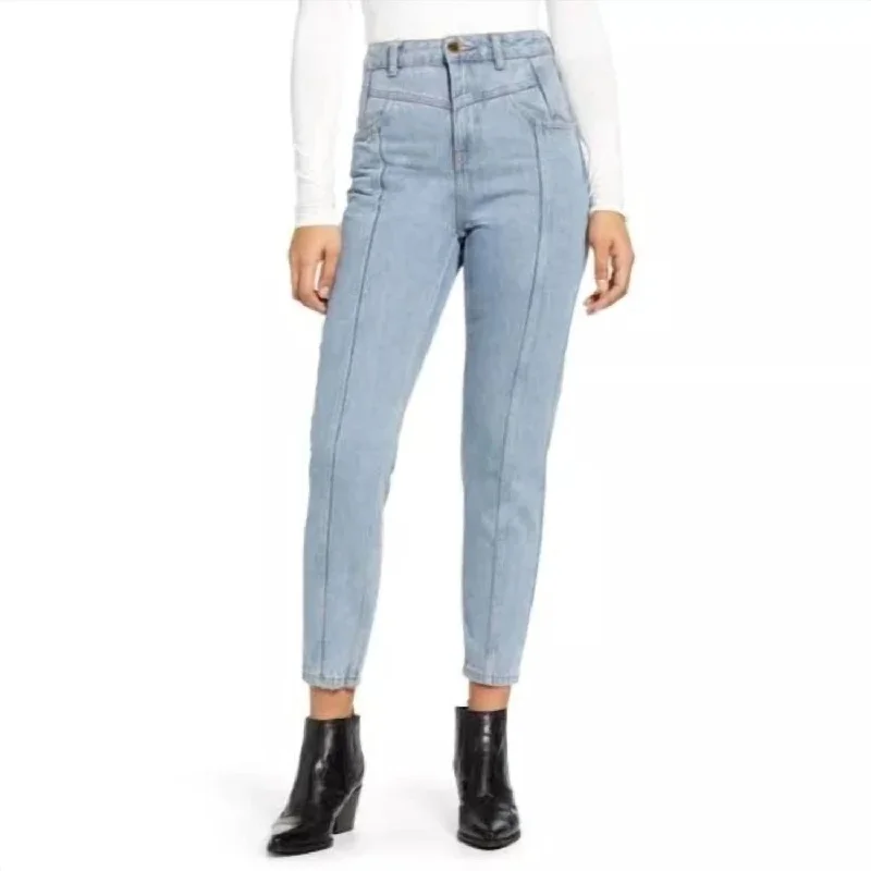 Tailored stretch tight trousers for women with comfortable waistband and flattering design -Yoke Bleach High Rise Light Wash Mom Jeans In Blue