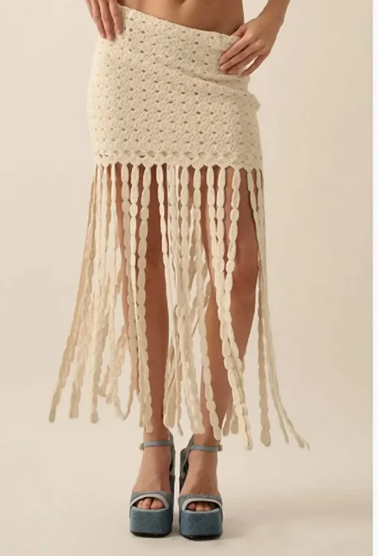 Green Dresses for Nature -Solid Crochet Eyelet-Knit Fringe Maxi Skirt In Off White